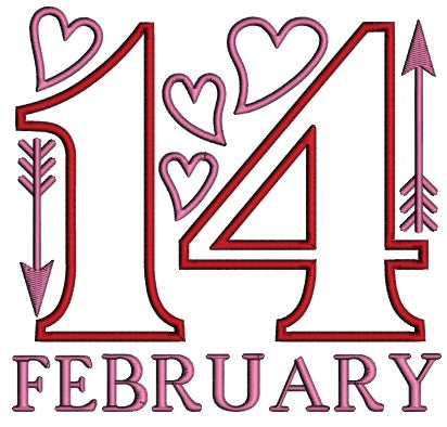 February 14th Hearts And Cupid Arrows Valentine's Day Applique Machine Embroidery Design Digitized Pattern
