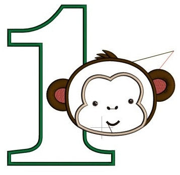 First Birthday Number 1 Monkey Design Machine Embroidery Digitized Applique Pattern - Instant Download - 4x4 , 5x7, and 6x10 -hoops