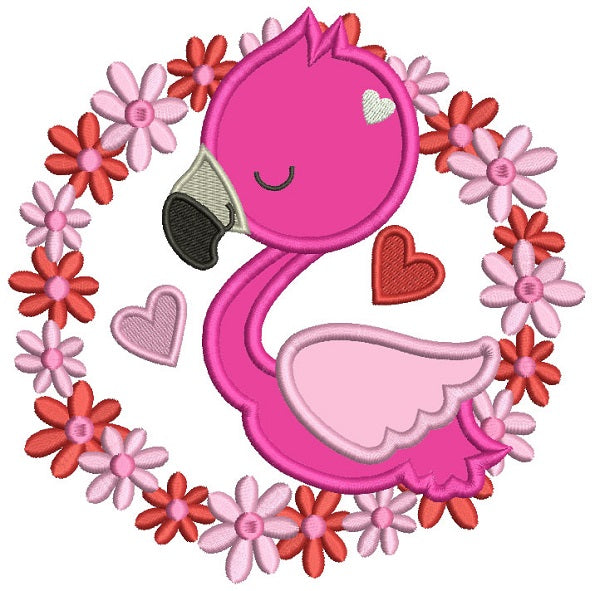 Flamingo In a Round Flower Frame Applique Machine Embroidery Design Digitized Pattern