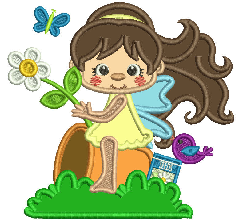 Flower Fairy Sitting On a Flower Pot Holding a Flower Applique Machine Embroidery Design Digitized Pattern