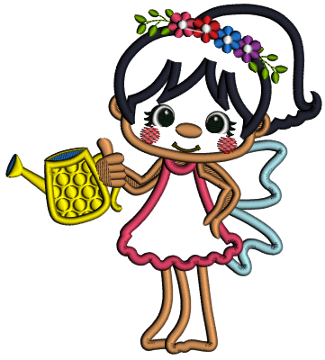 Flower Fairy Watering Plants Applique Machine Embroidery Design Digitized Pattern