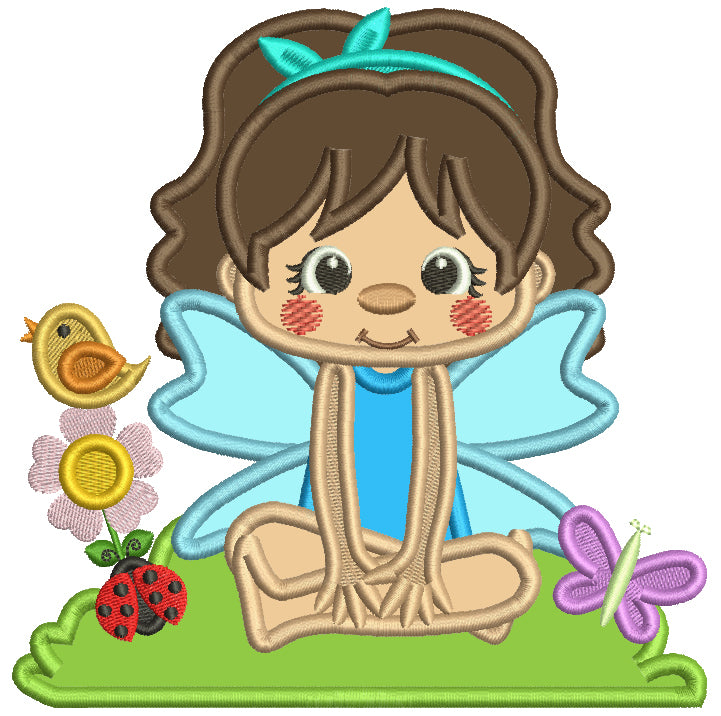 Flower Fairy With Flowers and a Bird Applique Machine Embroidery Design Digitized Pattern