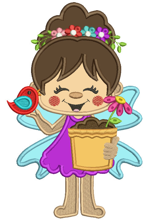 Flower Fairy With a Flower Pot Applique Machine Embroidery Design Digitized Pattern