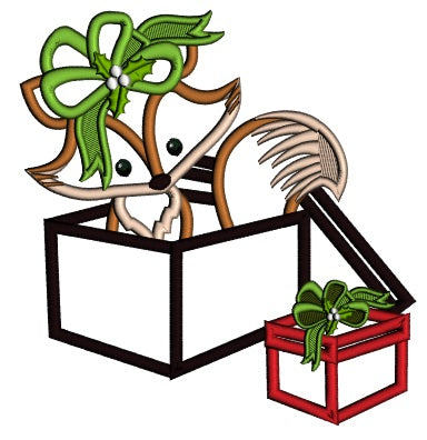 Fox In The Box With Big Hair Bow Christmas Applique Machine Embroidery Design Digitized Pattern