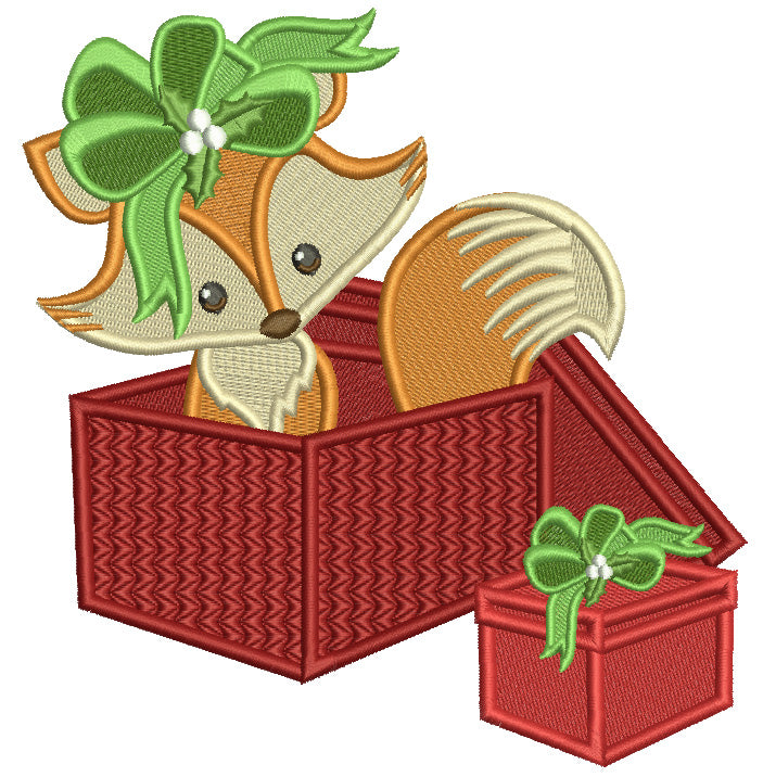 Fox In The Box With Big Hair Bow Christmas Filled Machine Embroidery Design Digitized Pattern