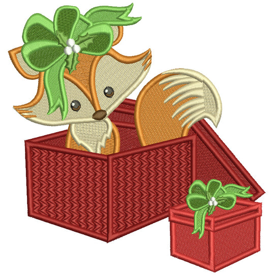 Fox In The Box With Big Hair Bow Christmas Filled Machine Embroidery Design Digitized Pattern