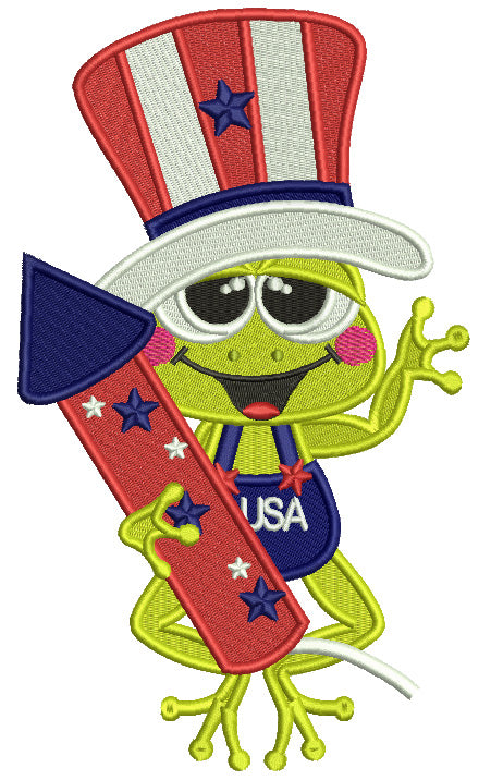 Frog Holding Big Firecracker Rocket 4th Of July Patriotic Filled Machine Embroidery Design Digitized Pattern