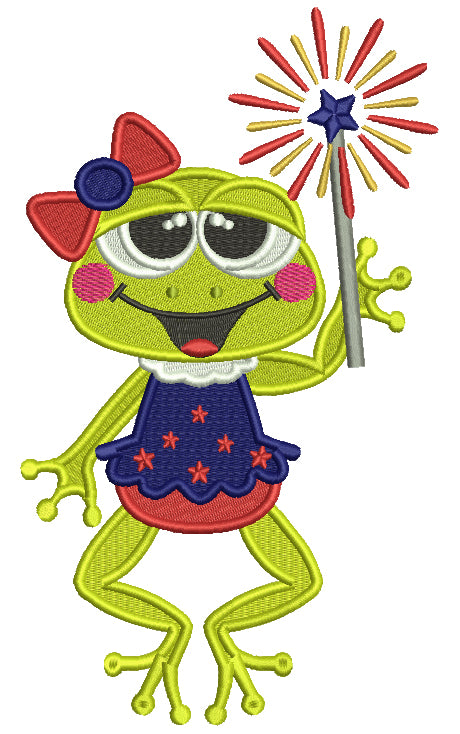 Frog Holding Firecracker 4th Of July Patriotic Filled Machine Embroidery Design Digitized Pattern