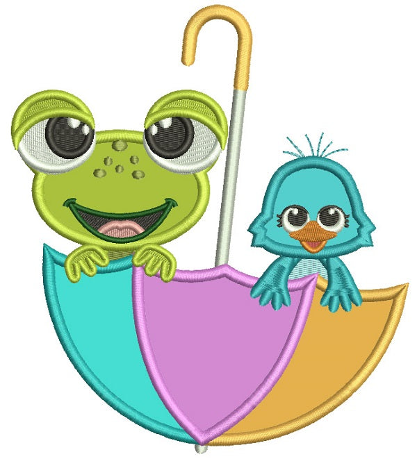 Froggy And a Chick Sitting Inside Umbrella Applique Machine Embroidery Digitized Design Pattern