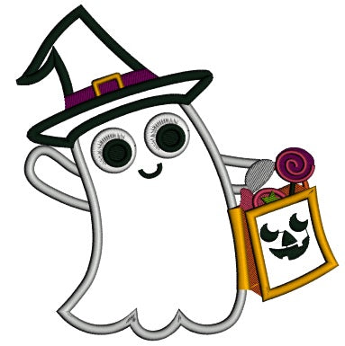 Ghost Wearing Witch Hat Halloween Applique Machine Embroidery Digitized Design Pattern