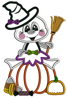 Ghost Wizard Sitting On a Pumpkin Halloween Applique Machine Embroidery Design Digitized Pattern