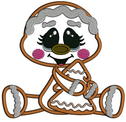 Gingerbread Baby Holding Christmas Tree Cookie Applique Machine Embroidery Design Digitized Pattern