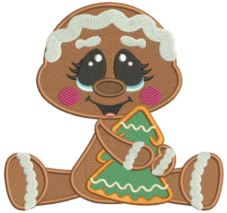 Gingerbread Baby Holding Christmas Tree Cookie Filled Machine Embroidery Design Digitized Pattern