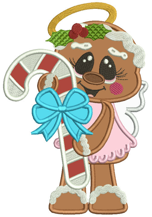 Gingerbread Girl Angel Holding Candy Cane Applique Christmas Machine Embroidery Design Digitized Pattern