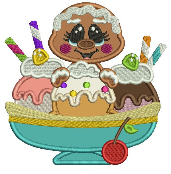 Gingerbread Girl Behind Three Scoops Of Ice Cream Applique Machine Embroidery Digitized Design Pattern