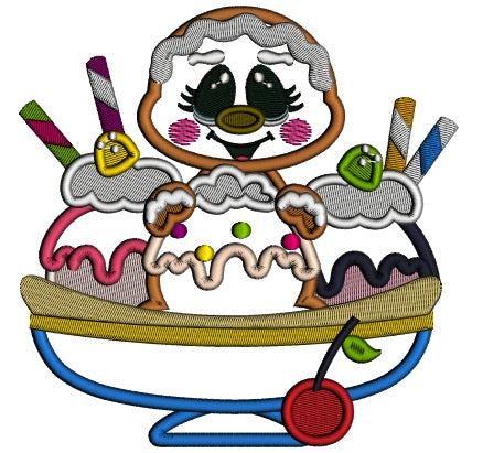 Gingerbread Girl Behind Three Scoops Of Ice Cream Applique Machine Embroidery Digitized Design Pattern
