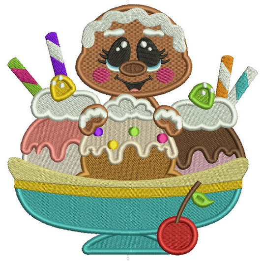 Gingerbread Girl Behind Three Scoops Of Ice Cream Filled Machine Embroidery Digitized Design Pattern