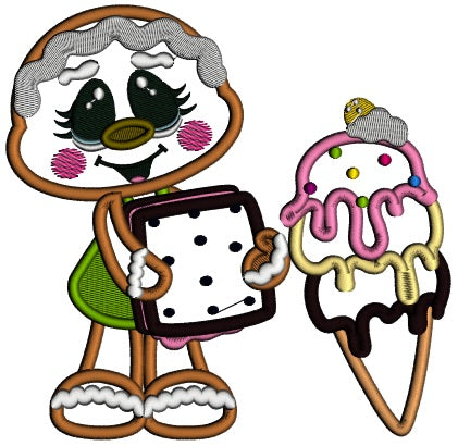 Gingerbread Girl Holding Ice Cream Applique Machine Embroidery Digitized Design Pattern