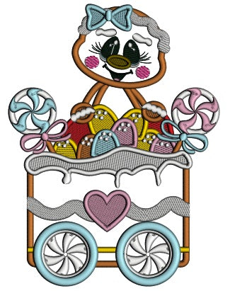 Gingerbread Girl Sitting Inside a Christmas Wagon Applique Christmas Machine Embroidery Design Digitized Pattern
