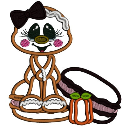 Gingerbread Girl Sitting on a Donut Fall Applique Thanksgiving Machine Embroidery Design Digitized Pattern