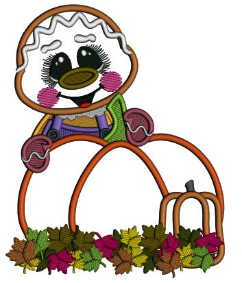Gingerbread Man Behind a Huge Pumpkin Applique Filled Thanksgiving Machine Embroidery Design Digitized Pattern