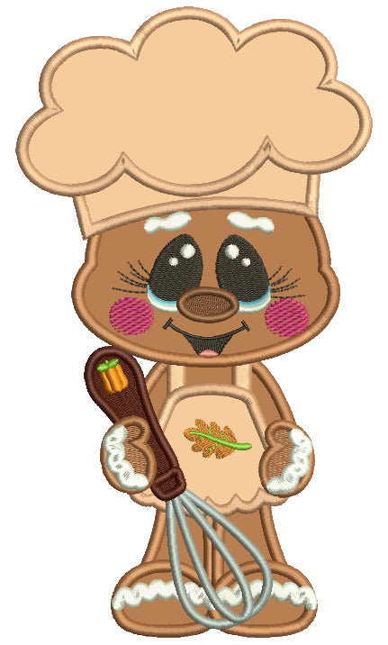 Gingerbread Man Cook Wearing Cute Apron Fall Applique Thanksgiving Machine Embroidery Design Digitized Pattern
