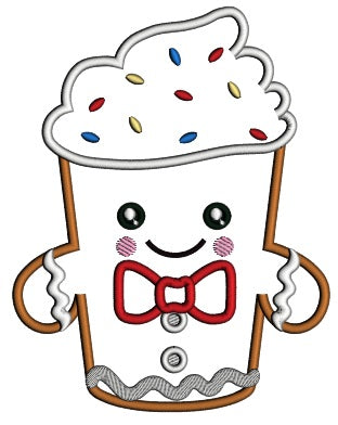 Gingerbread Man Cupcake Wearing a Big Red Bow Christmas Applique Machine Embroidery Design Digitized Pattern