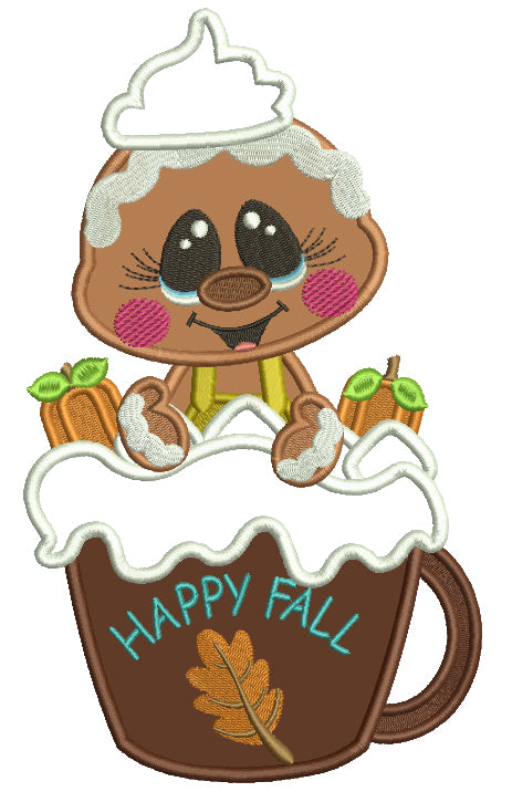 Gingerbread Man Holding Happy Fall Coffee Cup Applique Thanksgiving Machine Embroidery Design Digitized Pattern