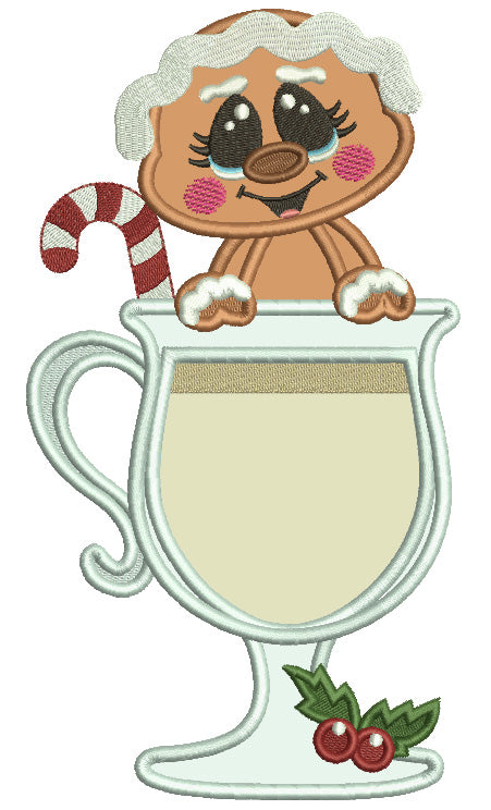 Gingerbread Man Holding Huge Cup of Hot Chocolate Christmas Applique Machine Embroidery Design Digitized Pattern