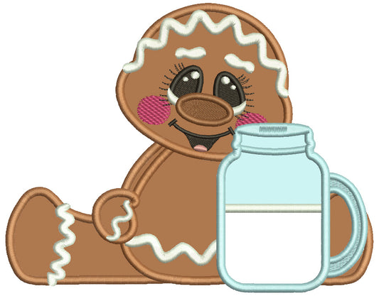 Gingerbread Man Holding Jar Of Milk Applique Machine Embroidery Design Digitized Pattern