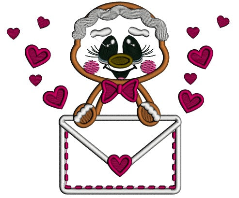 Gingerbread Man Holding Letter With Hearts Valentine's Applique Machine Embroidery Design Digitized Pattern