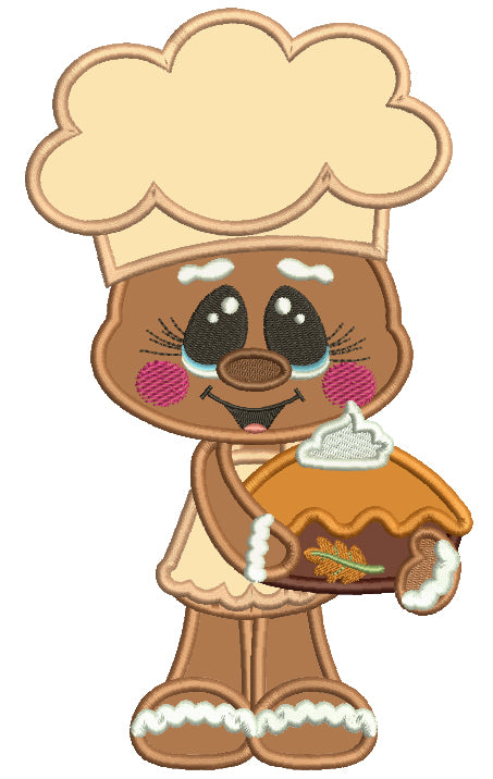Gingerbread Man Holding Pumpkin Pie Fall Thanksgiving Applique Machine Embroidery Design Digitized Pattern
