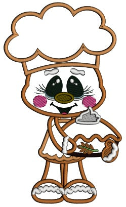 Gingerbread Man Holding Pumpkin Pie Fall Thanksgiving Applique Machine Embroidery Design Digitized Pattern