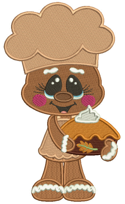 Gingerbread Man Holding Pumpkin Pie Fall Thanksgiving Filled Machine Embroidery Design Digitized Pattern