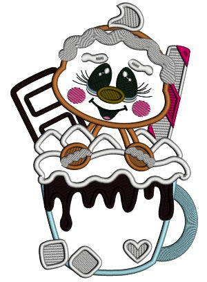 Gingerbread Man Sitting Inside Cocoa Cup Applique Christmas Machine Embroidery Design Digitized Pattern