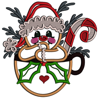 Gingerbread Man Sitting Inside Cup Wearing Santa Hat Christmas Applique Machine Embroidery Design Digitized Pattern