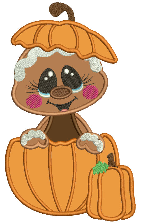 Gingerbread Man Sitting Inside a Pumpkin Applique Thanksgiving Filled Machine Embroidery Design Digitized Pattern