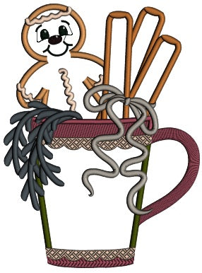 Gingerbread Man Sitting Inside the Cup Christmas Applique Machine Embroidery Design Digitized Pattern