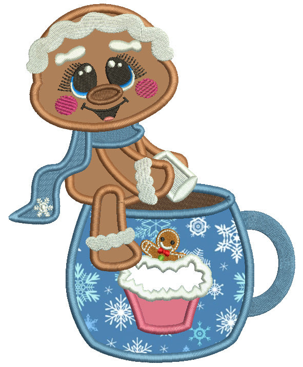 Gingerbread Man Sitting On The Cup Of Hot Cocoa Christmas Applique Machine Embroidery Design Digitized Pattern