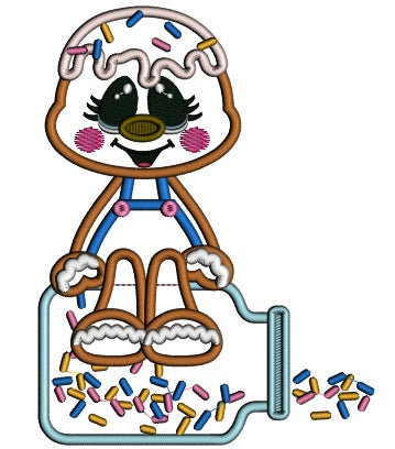 Gingerbread Man Sitting On Top Of Jar Applique With Sprinklers Applique Machine Embroidery Digitized Design Pattern