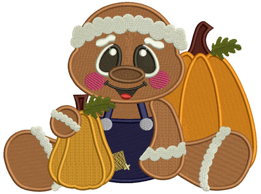 Gingerbread Man Sitting With Two Pumpkins Thanksgiving Filled Machine Embroidery Design Digitized Pattern