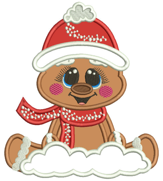 Gingerbread Man Wearing Winter Scarf Sitting In The Snow Christmas Applique Machine Embroidery Design Digitized Pattern