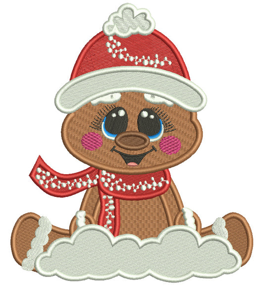Gingerbread Man Wearing Winter Scarf Sitting In The Snow Christmas Filled Machine Embroidery Design Digitized Pattern