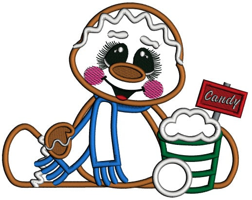 Gingerbread Man Wearing a Scarf With Snow Cone Applique Christmas Machine Embroidery Design Digitized Pattern