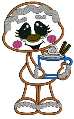 Gingerbread Man With Hot Chocolate Drink Christmas Applique Machine Embroidery Design Digitized Pattern