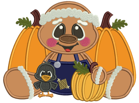 Gingerbread Man With a Little Crow Sitting Next To Pumpkins Thanksgiving Applique Machine Embroidery Design Digitized Pattern