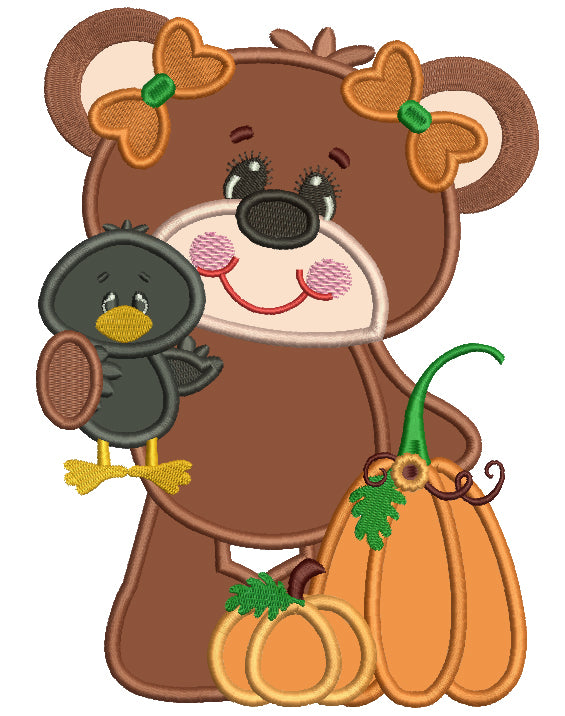 Girl Bear Holding a Bird Fall Thanksgiving Applique Machine Embroidery Design Digitized Pattern