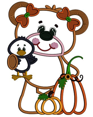 Girl Bear Holding a Bird Fall Thanksgiving Applique Machine Embroidery Design Digitized Pattern