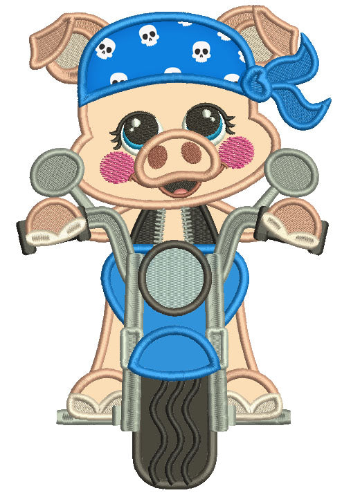 Girl Biker Pig Applique Machine Embroidery Design Digitized Pattern