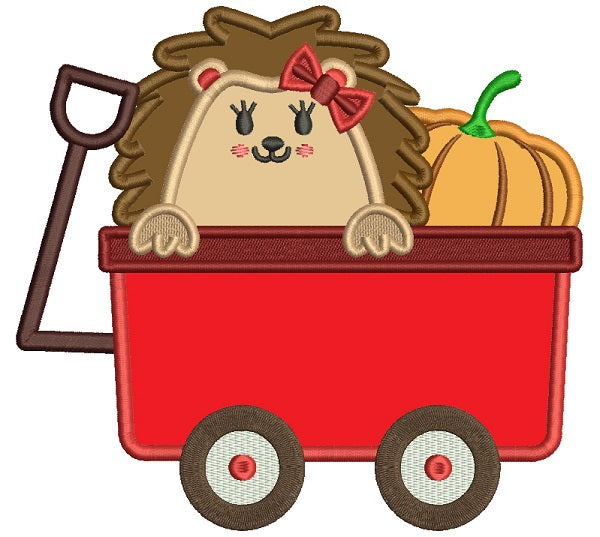 Girl Hedgehog Inside a Wagon Fall Applique Machine Embroidery Design Digitized Pattern